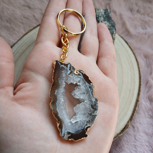 Geodenscheibe Schlüsselanhänger galvanisch vergoldete Fassung