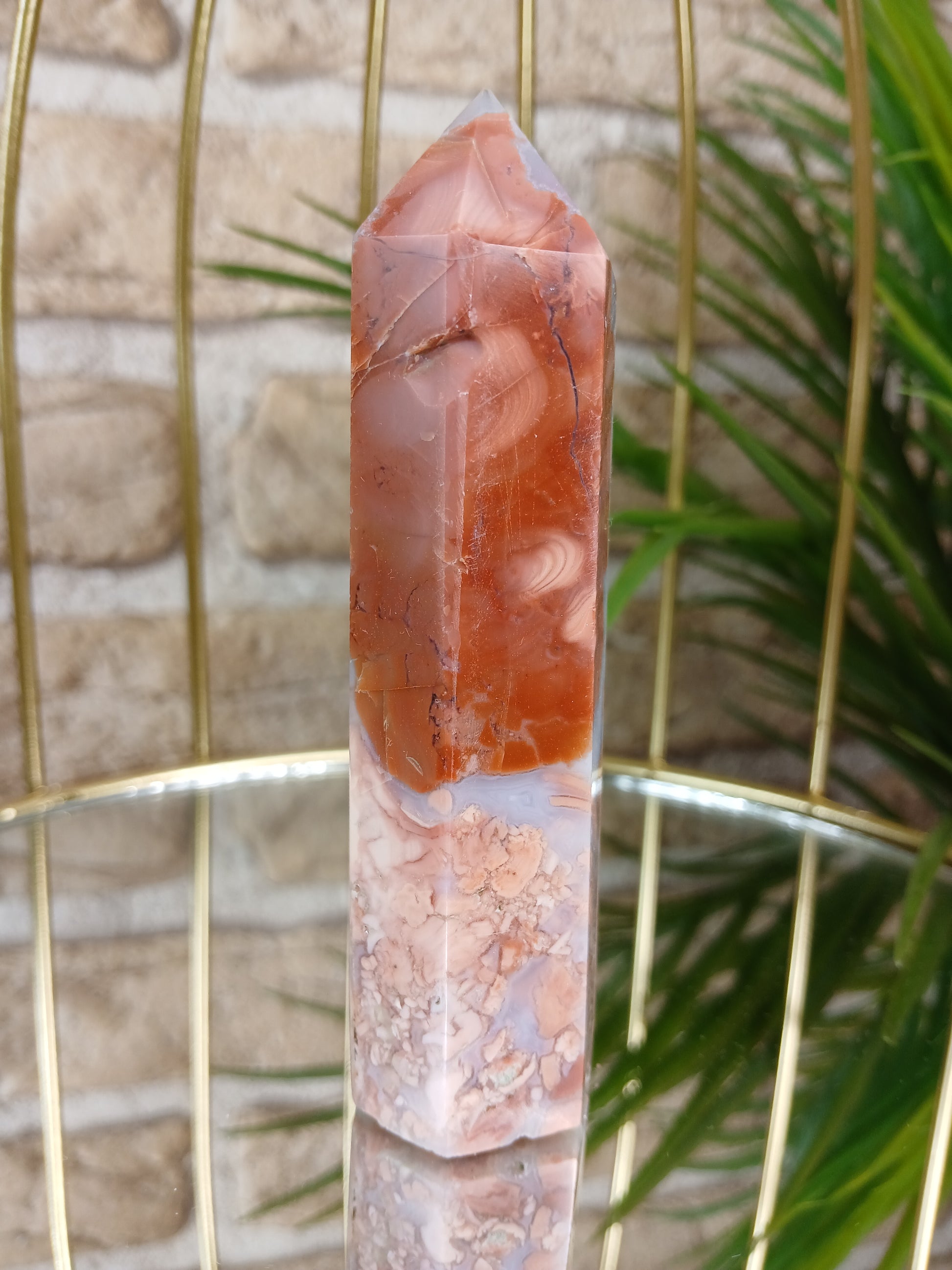 Cotton Candy Achat, Edelstein, Turm, Seitenansicht, druse