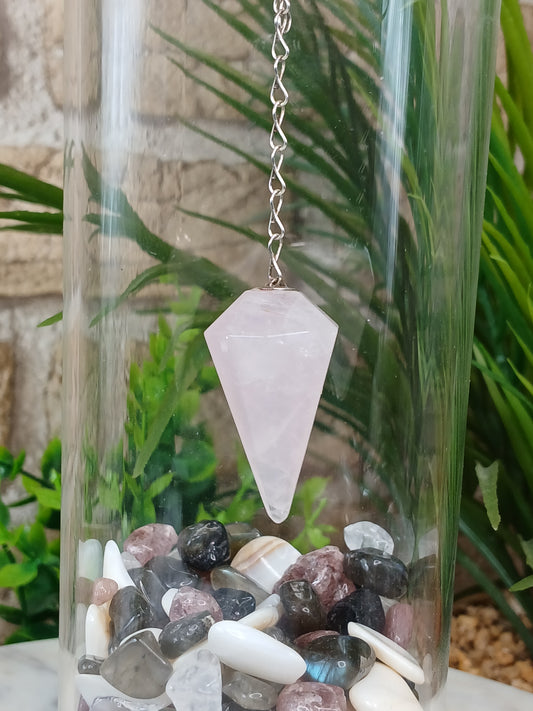 Rosenquarz Pendel im Glas mit Konfetti