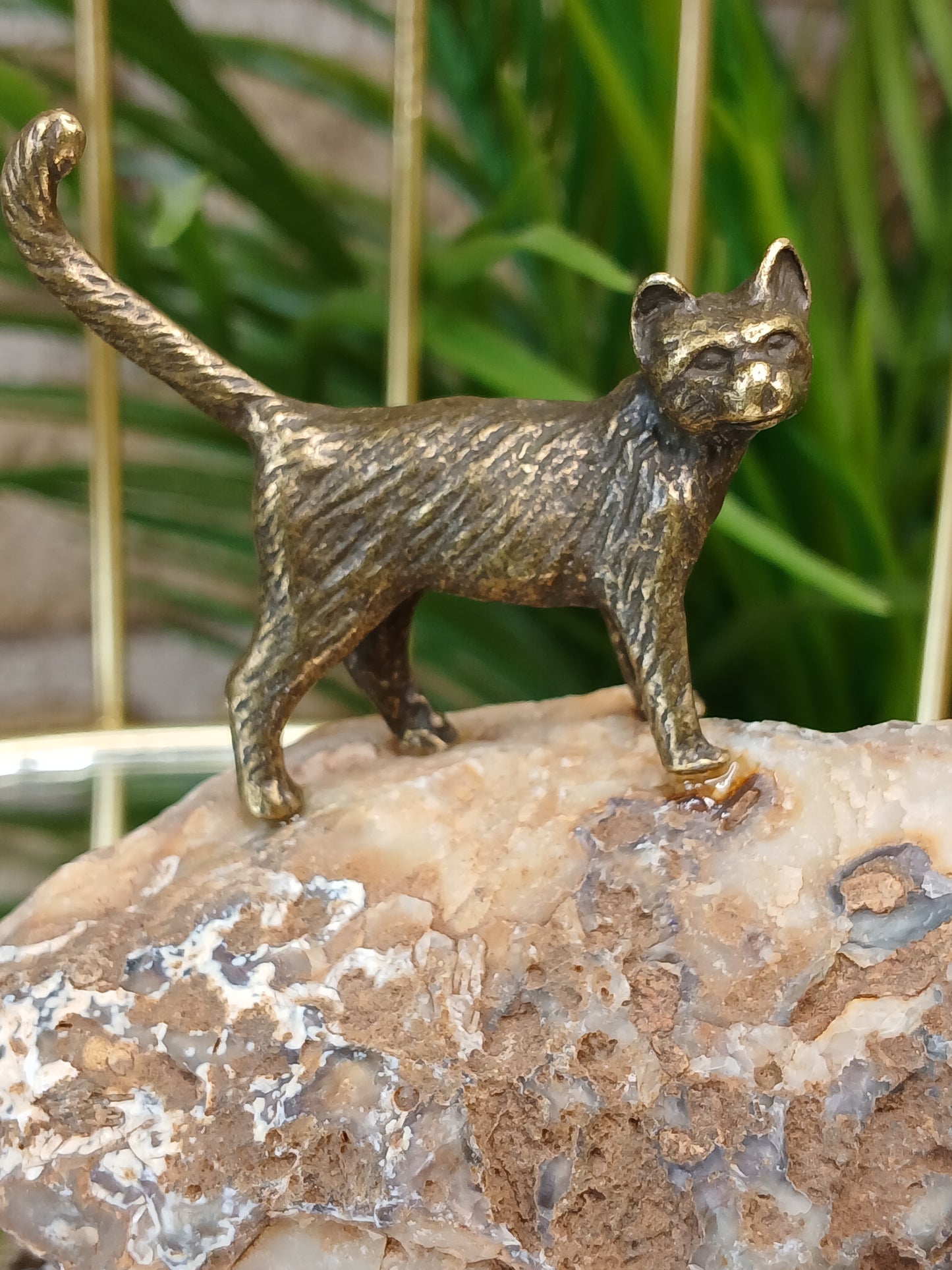 Messing Katze auf Achat (Malawi) Rohstein